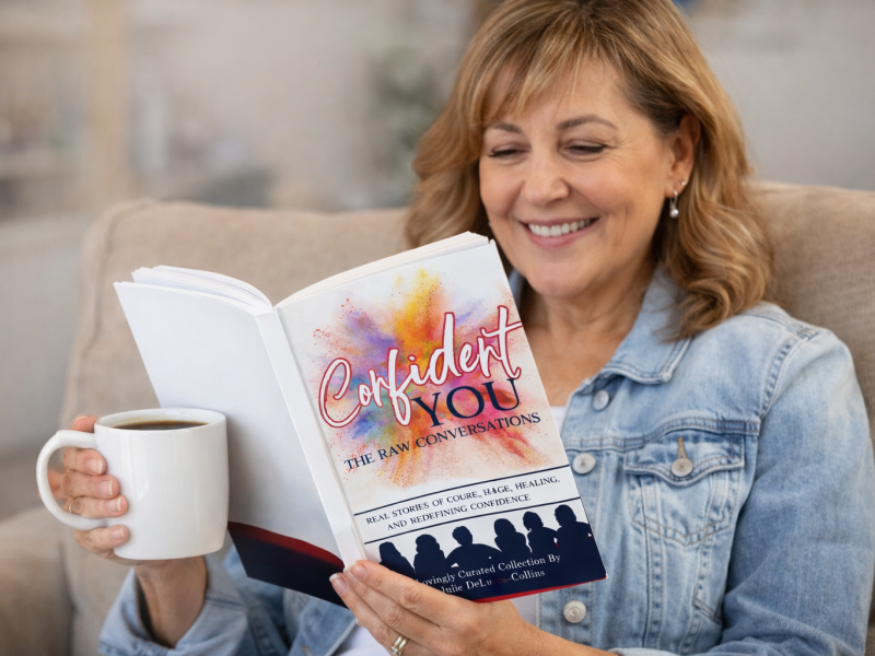 woman reading a book holding a mug